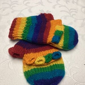 Unisex Rainbow Hand Knit Wool fleece lined Gloves must see Peru made
